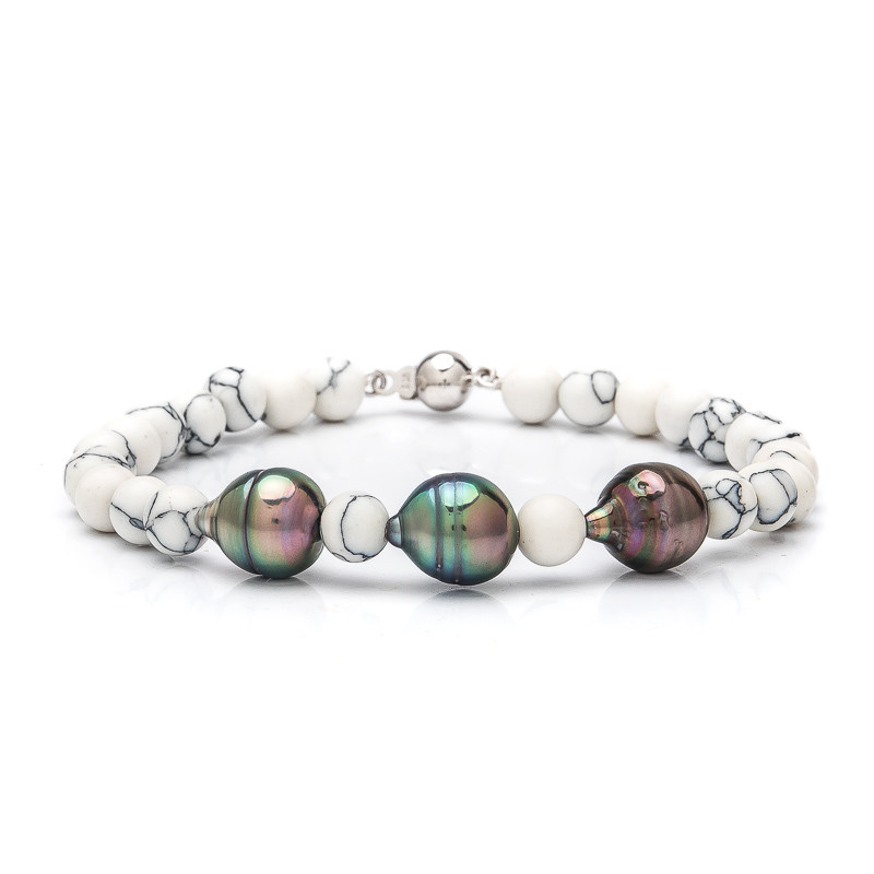 Howlit-Armband mit Tahitiperle - Farbe: Multicolor, Edelmetall: Rhodiniertes Silber (925), Länge des Armbands: 19 cm, Dekoration: 1 tahitische Perle