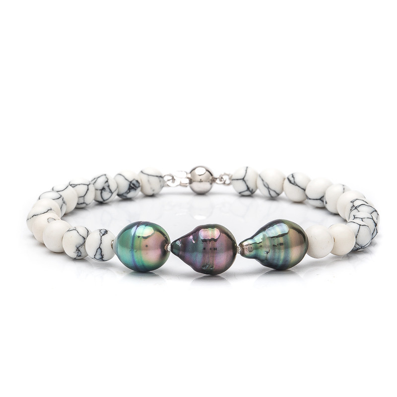 Howlit-Armband mit Tahitiperle - Farbe: Multicolor, Edelmetall: Rhodiniertes Silber (925), Länge des Armbands: 19 cm, Dekoration: 1 tahitische Perle