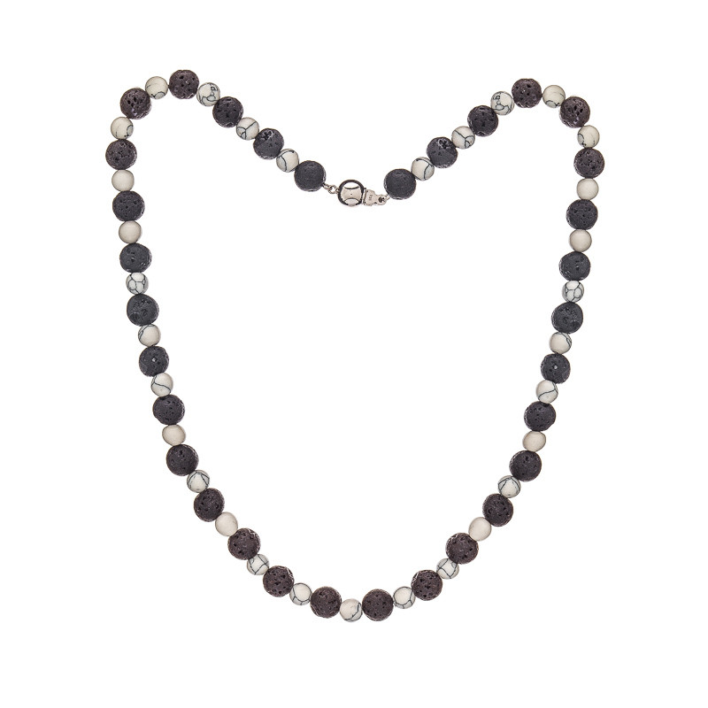 Colier din pietre de lavă și howlit - Metal prețios: Argint rodiat (925), Lungimea colierului: 44 cm
