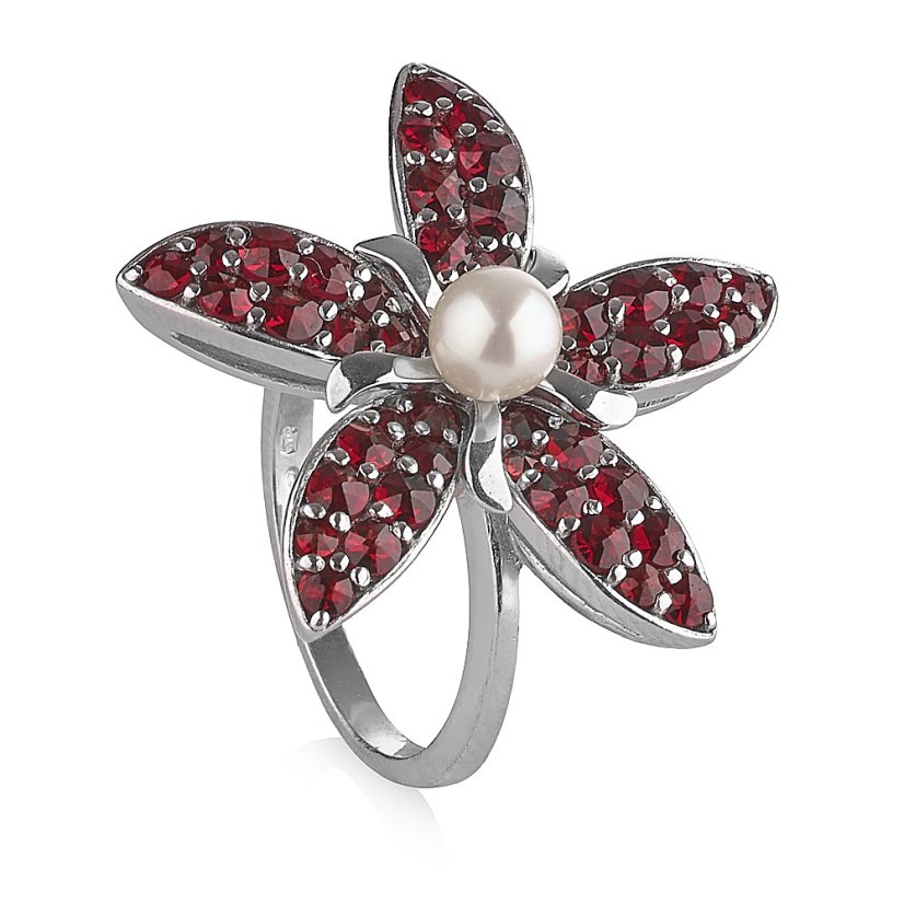 Silberring Bloom mit Perle und tschechischen Granaten - Ringgröße: 56