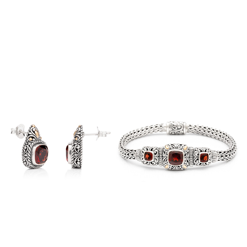 Set din argint ciocănit Garnet – brățară și cercei