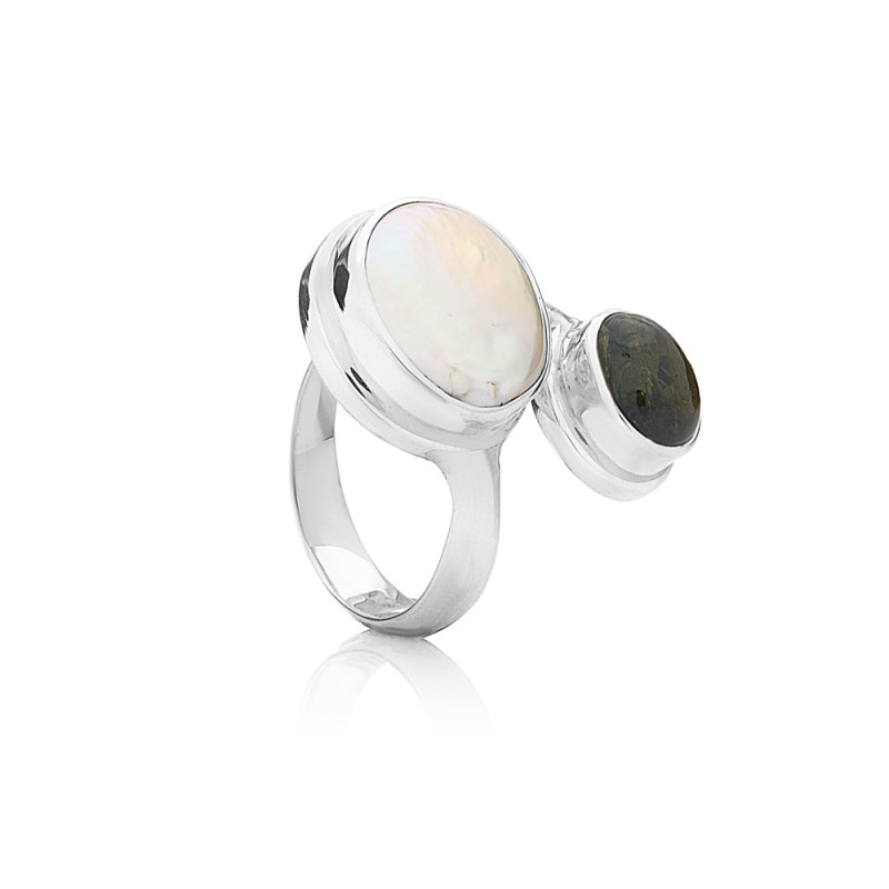 Ezüst gyűrű gyönggyel és zöld batu kővel - Színes: Multicolor, Nemesfém: Sterling ezüst (925), Gyűrű mérete: 52