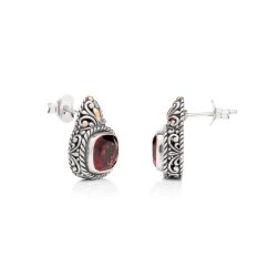 Garnet Hammered Silver Stud Earrings