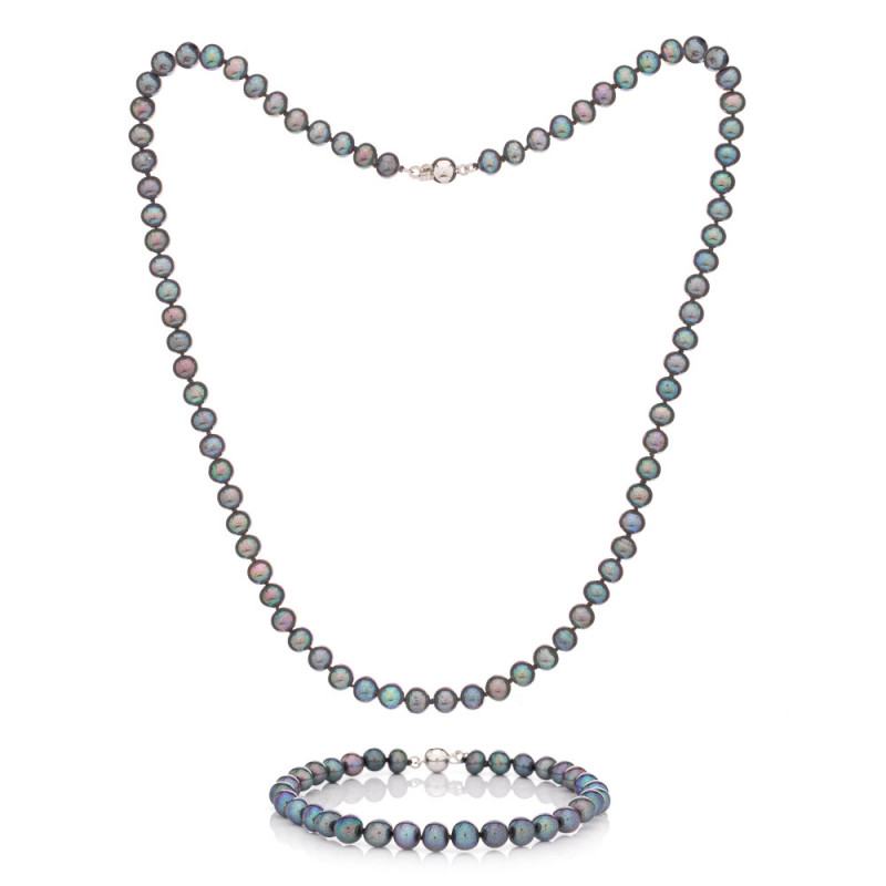 Perlenset Armband und Halskette schwarz 6 AA