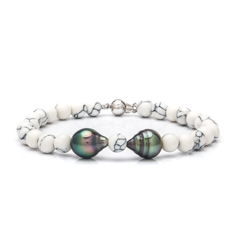 Howlite and Tahitian pearl bracelet - Colour: Multicolor, Precious metal: Rhodium-plated silver (925), Length of bracelet: 19 cm, Decoration: 2 Tahitian pearls