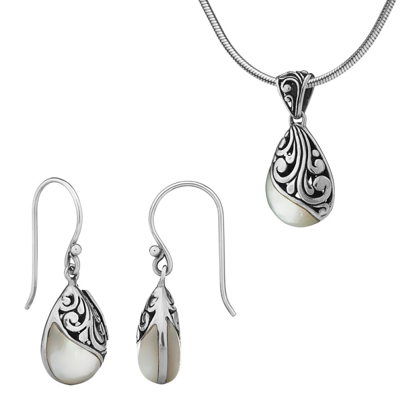 Set of earrings and pendant with nacre - Precious metal: Sterling silver (925)